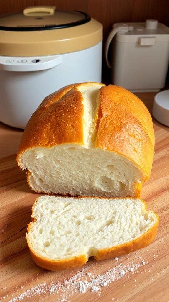 Classic White Bread Machine Recipe (1.5 lb) A golden-brown loaf of white bread sliced on a wooden board, showcasing its soft texture.